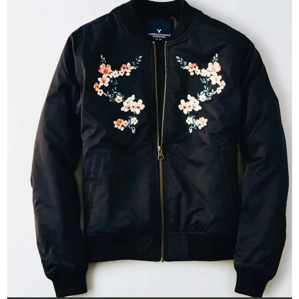 Y2k American Eagle Jacket S Black Floral Embroidered Bomber Boho Festival New - Picture 4 of 16
